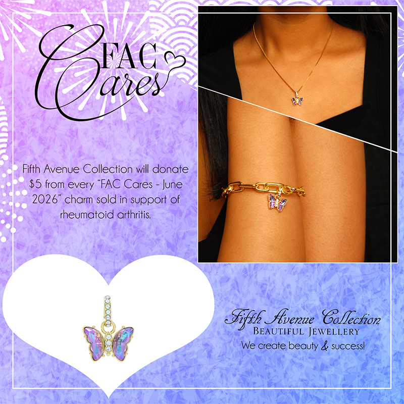 Hello June!

Loving our gorgeous new "FAC Cares - June 2026" charm 💜 Did you know for every charm sold Fifth Avenue Collection will donate $5 in support of Rheumatoid Arthritis?! Support an amazing cause ✨and who doesn't love a purple butterfly??!? 🦋

www.jewelsaremyjam.ca

 #FACstyle #ilovemyFAC #FACcares